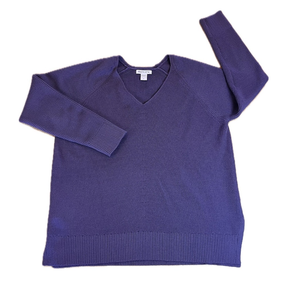 Athleta V-Neck Knit Sweater Large Plum Purple Merino Wool Blend Soft *Flaw*